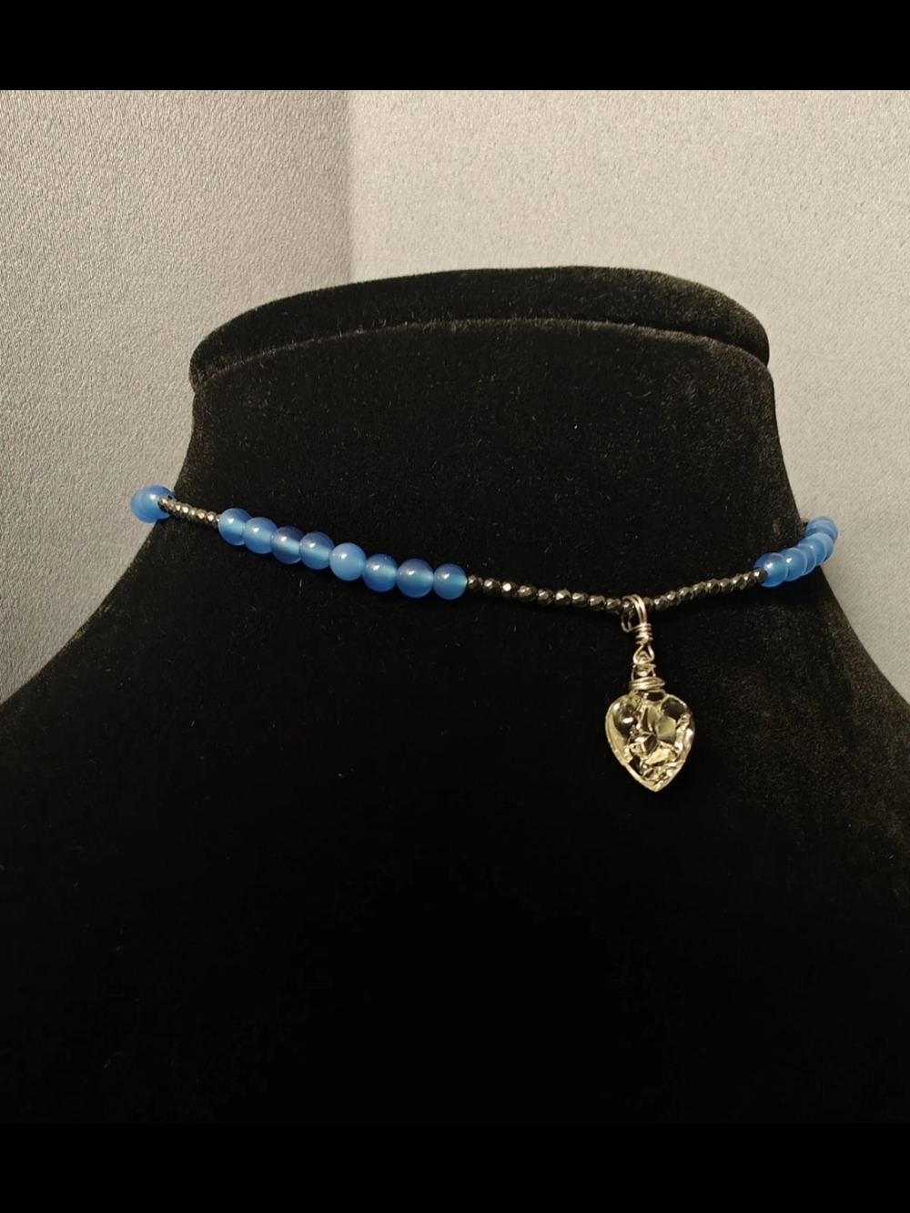 Toddler Girls Blue Onyx & Faceted Hematite With Floating Heart Silver Toned